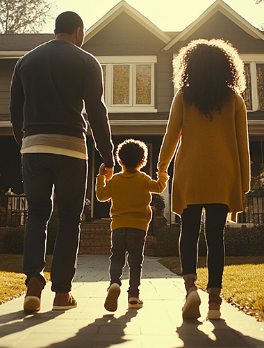 Family looking at house