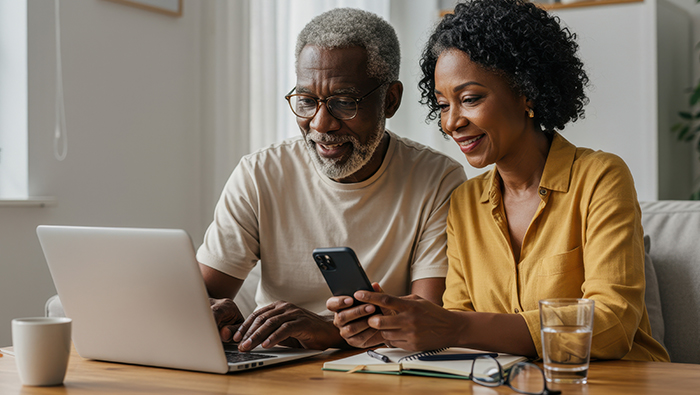 couple using computer and phone