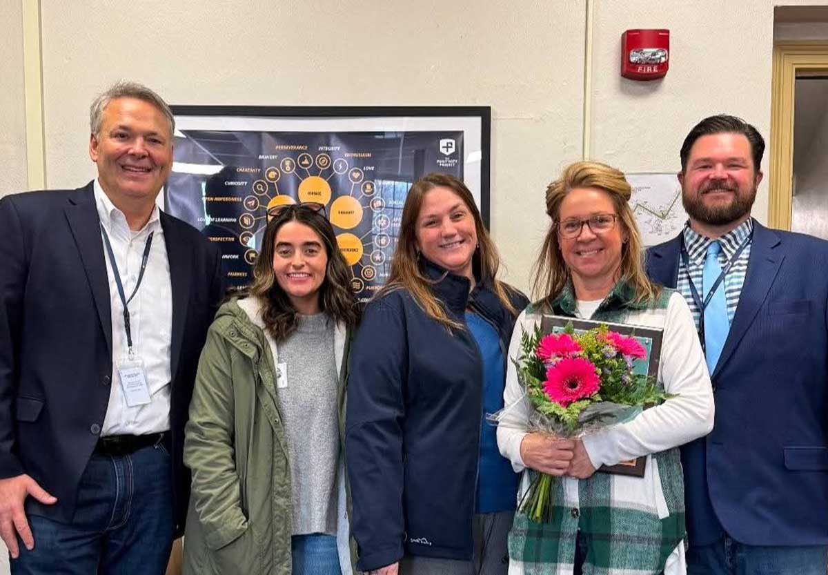 School Principal Damien Switzer, TCT Marketing Intern Sophia Keim, Community Relations Manager Jeannie Dickinson, winning Teacher of the Week, Ann Marie Richards 2nd-Grade Teacher at Warrensburg Elementary School with Assistant Principal, Jed Bierman.