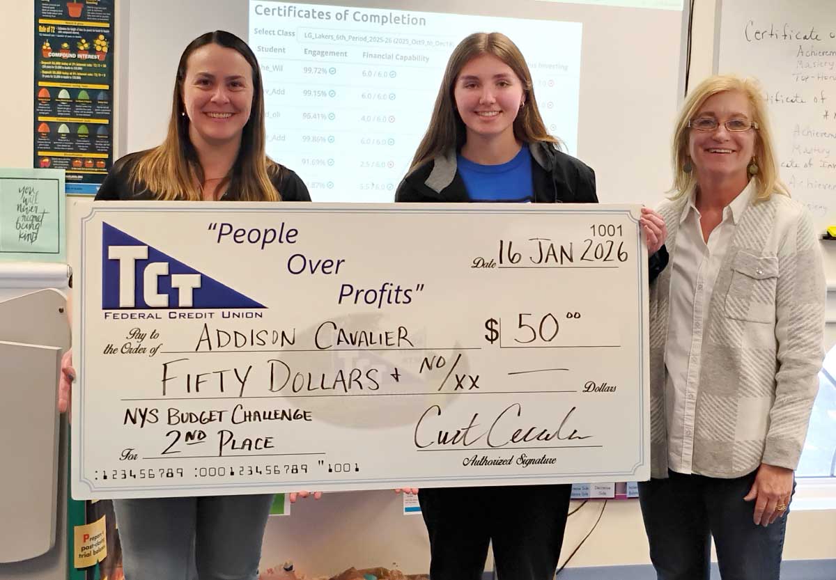 2026 Lk. George HS Budget Challenge Winner #2 - Addison Cavalier with Morgan Keith (TCT), Brenda Hoffman (LGHS)